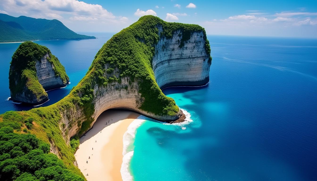 explorez kelingking beach, une des plages les plus magnifiques de bali, célèbre pour ses paysages époustouflants et son sable blanc immaculé.